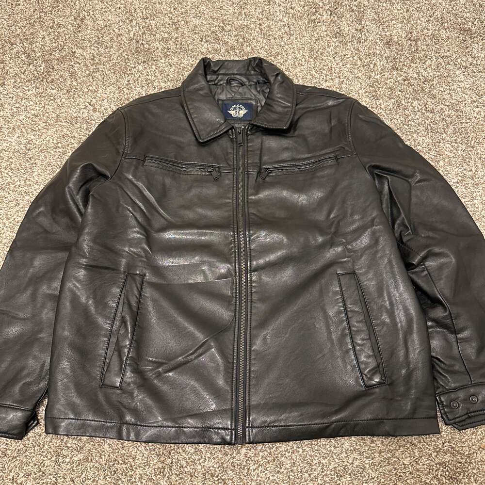 Dockers Men's Black Faux Leather Collared Zip-Up Jacket with Pockets, Size M